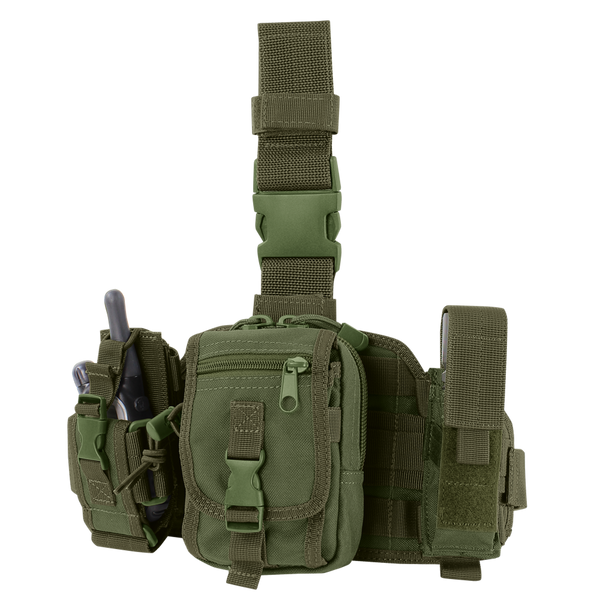 The Condor Utility Leg Rig in Olive Drab features multiple compartments, a buckle closure, adjustable straps, and side pockets holding a small flashlight and a multi-tool.