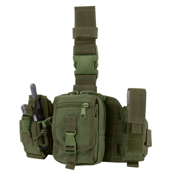 The Condor Utility Leg Rig in Olive Drab features multiple compartments, a buckle closure, adjustable straps, and side pockets holding a small flashlight and a multi-tool.