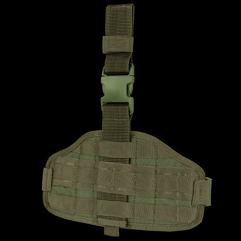 The Condor EMT Leg Rig is an olive green tactical thigh panel with adjustable straps, a plastic buckle, and horizontal webbing for modular attachments.