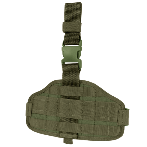 The Condor EMT Leg Rig is an olive green tactical thigh panel with adjustable straps, a plastic buckle, and horizontal webbing for modular attachments.