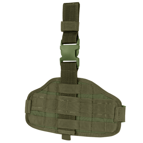 The Condor Utility Leg Rig is an olive green tactical panel with adjustable straps and a plastic buckle, designed for attaching gear.