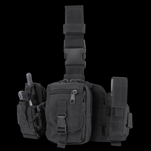 The Condor Utility Leg Rig is a black tactical thigh bag with adjustable straps and multiple zippered compartments—ideal for EDC or carrying tools and accessories during bushcraft adventures.