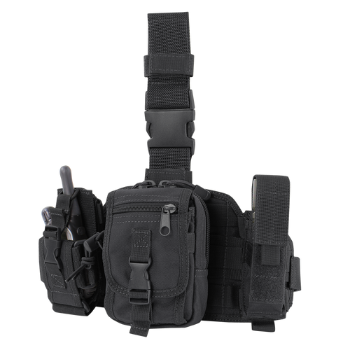 The Condor Utility Leg Rig is a black tactical thigh bag with adjustable straps and multiple zippered compartments—ideal for EDC or carrying tools and accessories during bushcraft adventures.