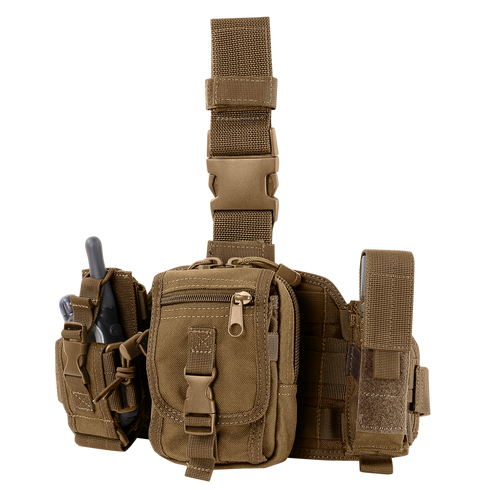 The Condor Utility Leg Rig is a tactical khaki pouch with multiple compartments and buckle closures, perfect for EDC or shooting range use. Attach gear like a walkie-talkie or pliers to its strap for quick access.