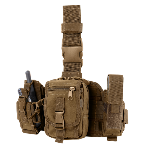 The Condor Utility Leg Rig is a tactical khaki pouch with multiple compartments and buckle closures, perfect for EDC or shooting range use. Attach gear like a walkie-talkie or pliers to its strap for quick access.