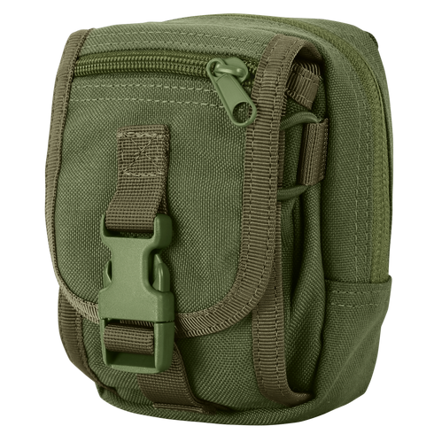 The Condor Gadget Pouch in Olive Drab features a front zippered pocket, buckle closure, and durable nylon straps.