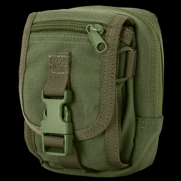 The Condor Gadget Pouch in Olive Drab features a front zippered pocket, buckle closure, and durable nylon straps.
