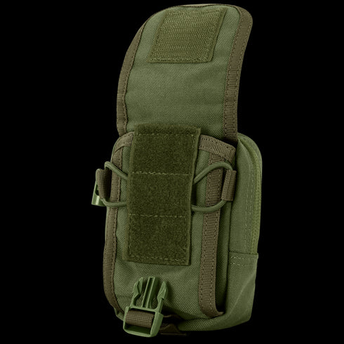 The Condor Gadget Pouch is a green tactical pouch with a flap cover, side straps, and a plastic bottom buckle, designed for easy attachment to gear or backpacks.