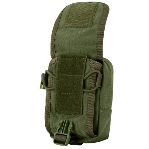 The Condor Gadget Pouch is a green tactical pouch with a flap cover, side straps, and a plastic bottom buckle, designed for easy attachment to gear or backpacks.