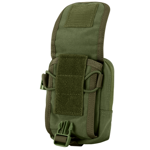 The Condor Gadget Pouch is a green tactical pouch with a flap cover, side straps, and a plastic bottom buckle, designed for easy attachment to gear or backpacks.