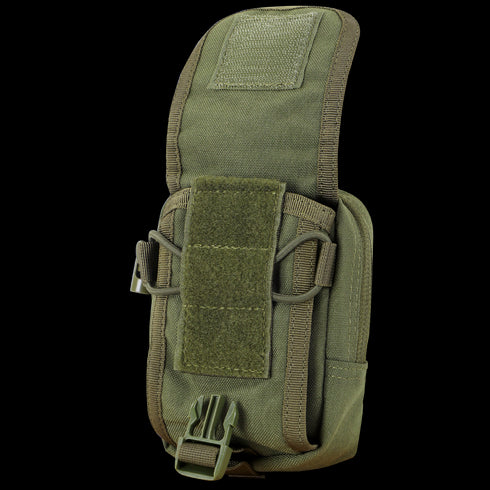 The Condor Gadget Pouch in MultiCam Black features a Velcro flap, side straps, and plastic buckle—perfect for carrying small gear or accessories for bushcraft or military use.