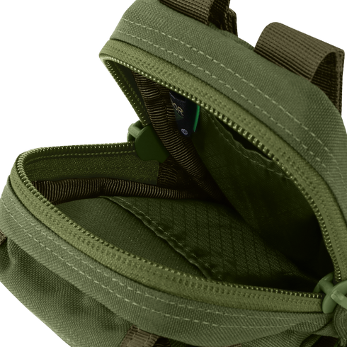 Close-up of the Condor Gadget Pouch in olive green, featuring visible stitching, a zippered closure, and an interior pocket.