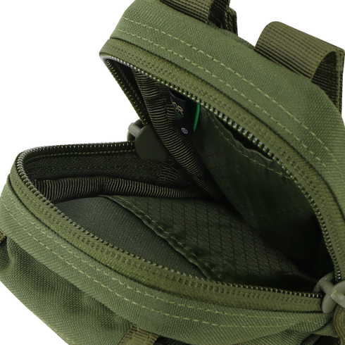 Close-up of the Condor Gadget Pouch - Scorpion OCP, featuring durable green fabric, visible stitching, and multiple inner compartments—ideal for military or shooting range use.