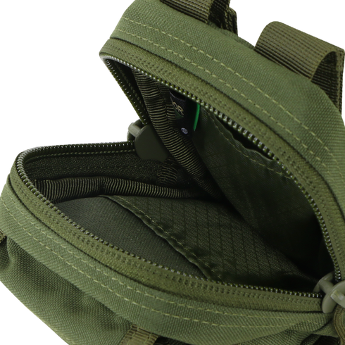 A close-up of the Condor Gadget Pouch - MultiCam shows its open interior, visible inner pocket, zipper, and stitching details—perfect for carrying first responder essentials or bushcraft gear.