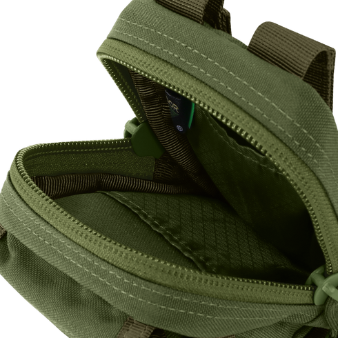 Close-up of the Condor Gadget Pouch, open to reveal its empty green fabric interior, zipper closure, and detailed stitching.