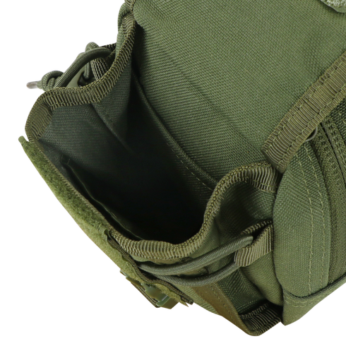 Close-up of an empty Condor Gadget Pouch - MultiCam, crafted from durable fabric with visible stitching and straps, perfect for law enforcement or shooting range use.