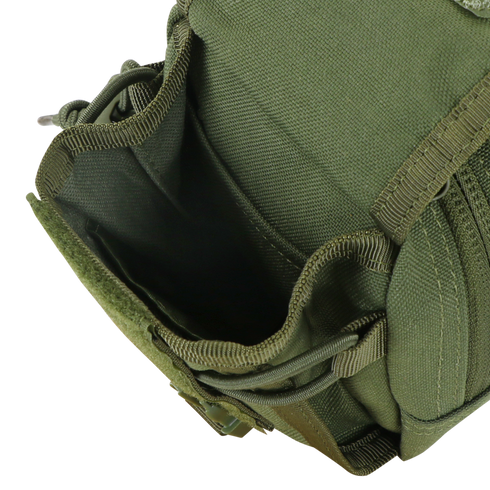 Close-up of an empty Condor Gadget Pouch - MultiCam, crafted from durable fabric with visible stitching and straps, perfect for law enforcement or shooting range use.