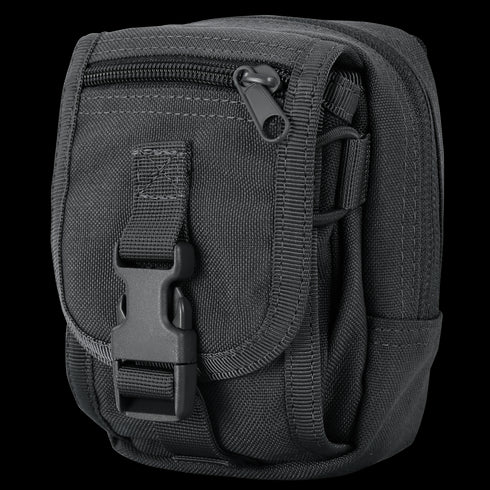 The Condor Gadget Pouch is a small black tactical pouch with a front buckle and zipper, made of durable fabric, ideal for carrying accessories or gear.