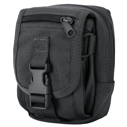 The Condor Gadget Pouch is a small black tactical pouch with a front buckle and zipper, made of durable fabric, ideal for carrying accessories or gear.
