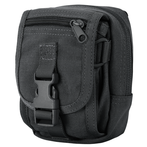 The Condor Gadget Pouch is a small black tactical pouch with a front buckle and zipper, made of durable fabric, ideal for carrying accessories or gear.