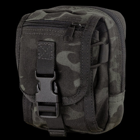 The Condor Gadget Pouch in MultiCam Black features a front buckle, zipper closure, and side straps, shown standing upright against a plain background.