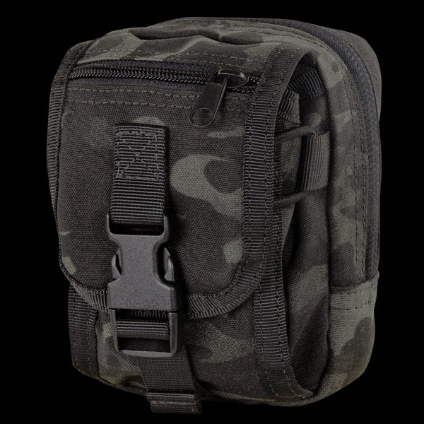 The Condor Gadget Pouch in MultiCam Black features a front buckle, zipper closure, and side straps, shown standing upright against a plain background.
