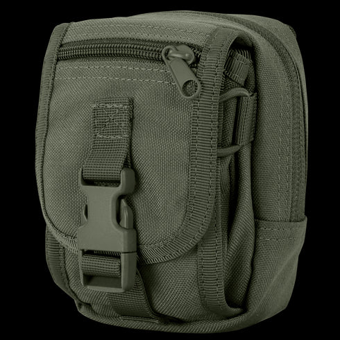 The Condor Gadget Pouch is an olive green tactical pouch with a zipper closure, front buckle strap, and multiple compartments, crafted from durable fabric.