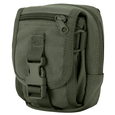 The Condor Gadget Pouch is an olive green tactical pouch with a zipper closure, front buckle strap, and multiple compartments, crafted from durable fabric.