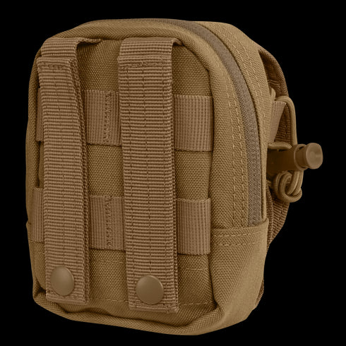 The Condor Gadget Pouch is a small, tan tactical pouch featuring MOLLE webbing, snap fasteners on the back, and a side zipper closure.