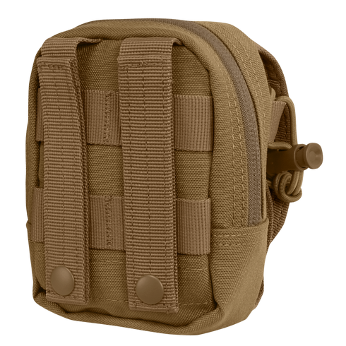 The Condor Gadget Pouch is a small, tan tactical pouch featuring MOLLE webbing, snap fasteners on the back, and a side zipper closure.