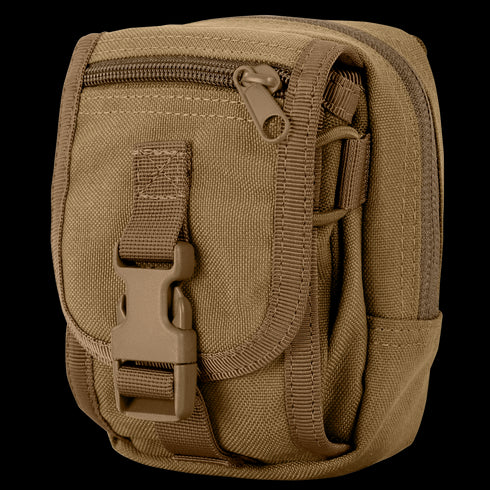 The Condor Gadget Pouch is a small tan tactical pouch made of durable fabric, featuring a zipper, buckle closure, and multiple compartments.