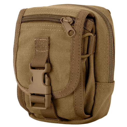 The Condor Gadget Pouch is a small tan tactical pouch made of durable fabric, featuring a zipper, buckle closure, and multiple compartments.