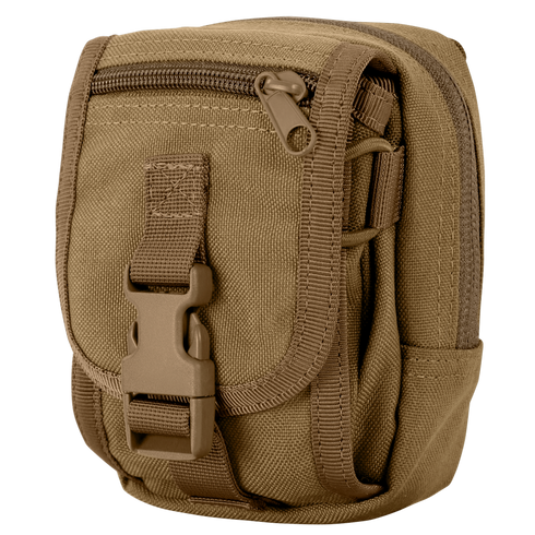 The Condor Gadget Pouch is a small tan tactical pouch made of durable fabric, featuring a zipper, buckle closure, and multiple compartments.