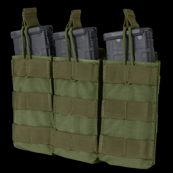 Condor Triple M4/M16 Open-Top Mag Pouch in Olive Drab holds three rifle magazines.