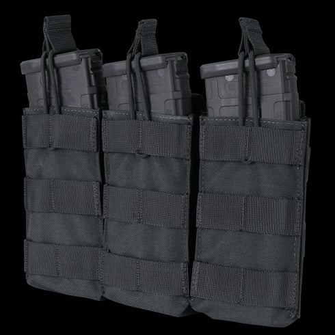 The Condor Triple M4/M16 Open-Top Mag Pouch securely holds three rifle magazines with adjustable straps and features exterior webbing for easy attachment.