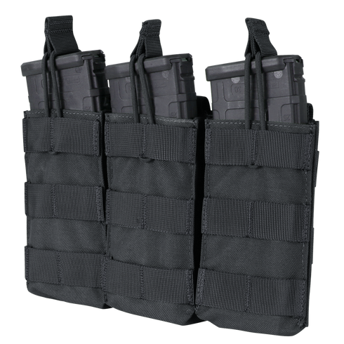 The Condor Triple M4/M16 Open-Top Mag Pouch securely holds three rifle magazines with adjustable straps and features exterior webbing for easy attachment.