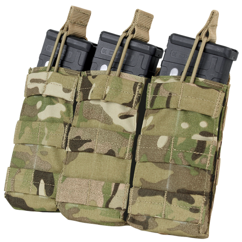 The Condor Triple M4/M16 Open-Top Mag Pouch in MultiCam securely holds three rifle magazines, featuring camouflage design and top retention straps.