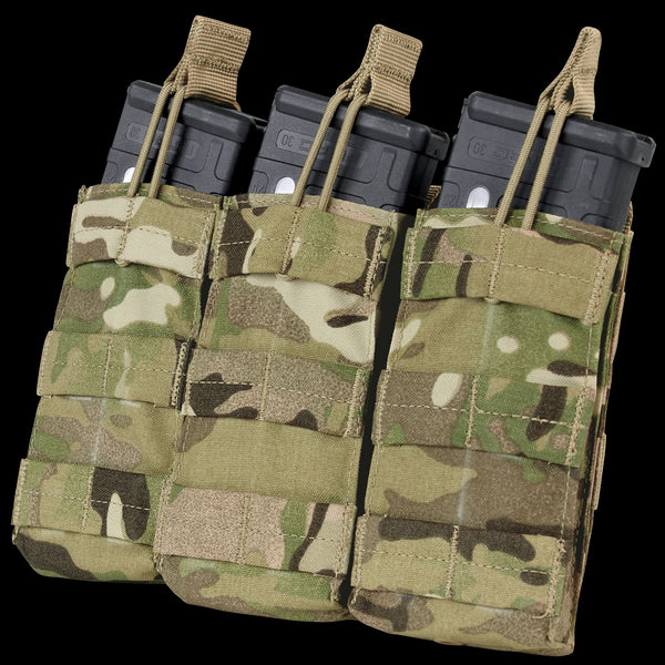 The Condor Triple M4/M16 Open-Top Mag Pouch in MultiCam securely holds three rifle magazines, featuring camouflage design and top retention straps.