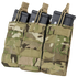 The Condor Triple M4/M16 Open-Top Mag Pouch in MultiCam securely holds three rifle magazines, featuring camouflage design and top retention straps.