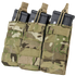 The Condor Triple M4/M16 Open-Top Mag Pouch in MultiCam securely holds three rifle magazines, featuring camouflage design and top retention straps.