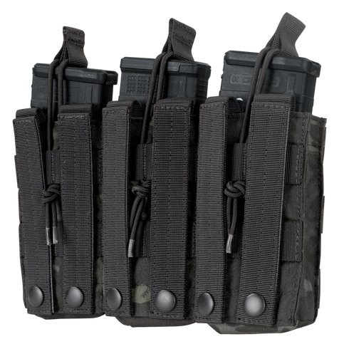 Three black M4/M16 magazines in a Condor Triple M4/M16 Open-Top Mag Pouch, MultiCam Black.