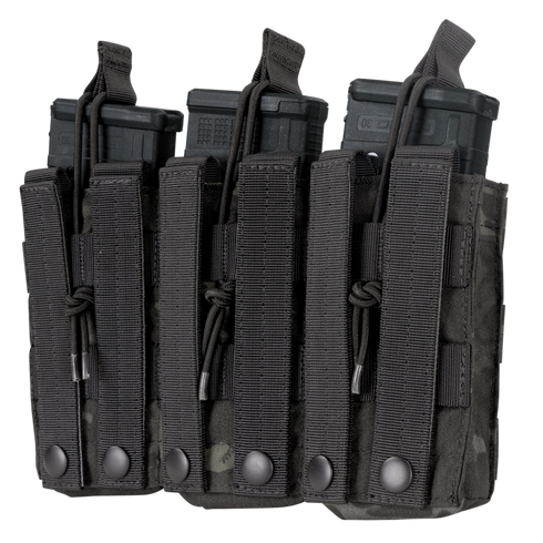 Three black M4/M16 magazines in a Condor Triple M4/M16 Open-Top Mag Pouch, MultiCam Black.