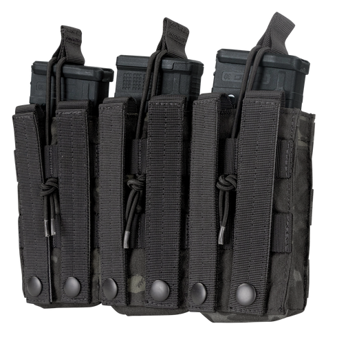 Three black M4/M16 magazines in a Condor Triple M4/M16 Open-Top Mag Pouch, MultiCam Black.