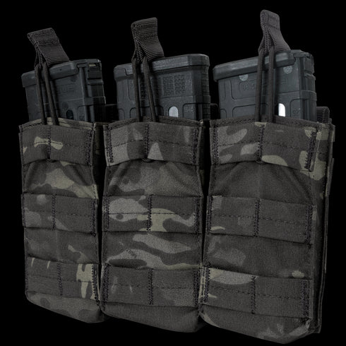 Three Condor Triple M4/M16 Open-Top Mag Pouches in MultiCam Black, each holding a rifle magazine, are displayed side by side on a transparent background.