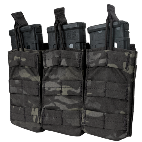Three Condor Triple M4/M16 Open-Top Mag Pouches in MultiCam Black, each holding a rifle magazine, are displayed side by side on a transparent background.
