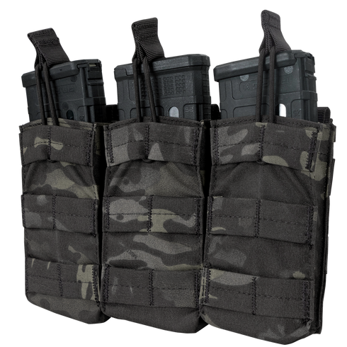 Three Condor Triple M4/M16 Open-Top Mag Pouches in MultiCam Black, each holding a rifle magazine, are displayed side by side on a transparent background.