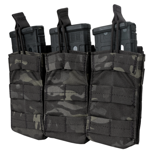 Three Condor Triple M4/M16 Open-Top Mag Pouches in MultiCam Black, each holding a rifle magazine, are displayed side by side on a transparent background.