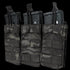 Three Condor Triple M4/M16 Open-Top Mag Pouches in MultiCam Black, each holding a rifle magazine, are displayed side by side on a transparent background.