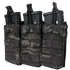 Three Condor Triple M4/M16 Open-Top Mag Pouches in MultiCam Black, each holding a rifle magazine, are displayed side by side on a transparent background.
