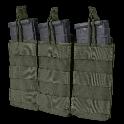 The Condor Triple M4/M16 Open-Top Mag Pouch in olive drab securely holds three black rifle magazines, each in its own pocket with retention straps on top.